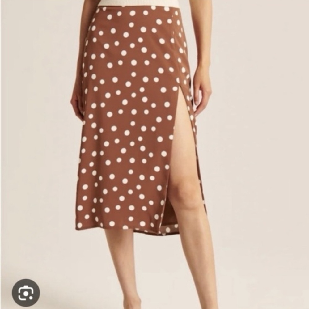 NWOT A&F Brown & White Polka Dot Midi Skirt with Slit - Picture 2 of 5